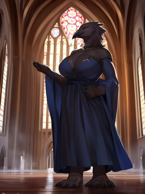 Sharp focus, ultra high quality, (overly detailed), hyper detailed, 4k, semi realistic, perfectly drawn, Solo, female, furry, crow, corvid, curvy, mature body, baby maker body, black body, black feathers, big breasts, beutyfull ornamented dress, revealing dress, By bebebebebe, by buta99, by chunie, by sonsasu, by danza, syuro style, inside gothic church, full body view, standing, feet appart