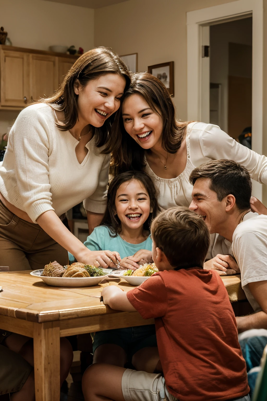 Generate an ultra-realistic image of a warm and happy family scene. The family is gathered around the dining table, enjoying a joyful moment together. Capture genuine expressions of happiness, vivid details of faces and gestures, as well as the welcoming atmosphere of the room. Highlight elements that convey unity, love, and joy in the family meal.