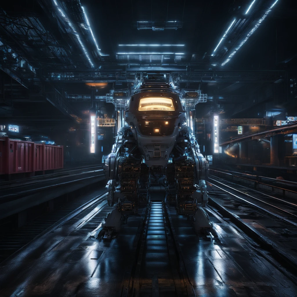 Bangkok Thai outdoor train station at night in futuristic steampunk style, realistic, intricate detail, perfect proportion, peaceful, aura, glow, 8k, ultra hdr,dark background, warm spotlight, wide angle view from above