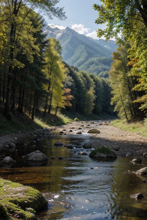 detailed background, Masterpiece, premier quality, paysage, montagne, river, woods, soleil, jour, nuage