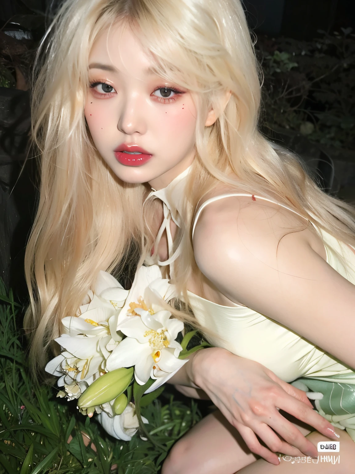 Mujer rubia con pelo largo y vestido blanco sosteniendo un ramo de flores., Retrato de Kim Petras, Ava Max, con cabello largo y rubio, Jinyoung Shin, con el pelo largo y blanco, Lalisa Manobal, Heonhwa Choe, con pelo largo blanco, her face looks like an orchid, Taejune Kim, extremely pale blond hair, pale porcelain white skin