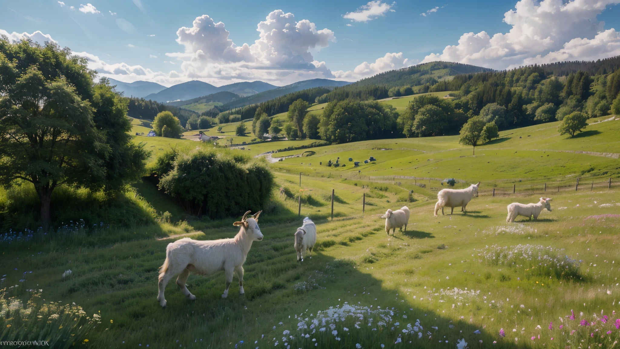 (best quality,4k,8k,highres,masterpiece:1.2), ultra-detailed, (realistic,photorealistic,photo-realistic:1.37),fantasy artwork,illustration,studio painting,summery day,colorful,bright sunlight,female shepherd,women in white clothes,lush green grass,gently rolling hills,clear flowing creek,peaceful atmosphere,country cottage with thatched roof,white goats grazing freely,happy and healthy goats,jumping and playing,soft breeze rustling through the grass,beautiful wildflowers dotting the meadow,bright blue sky with fluffy clouds,tranquil and idyllic setting,faint sound of birds chirping,relaxing and serene environment.