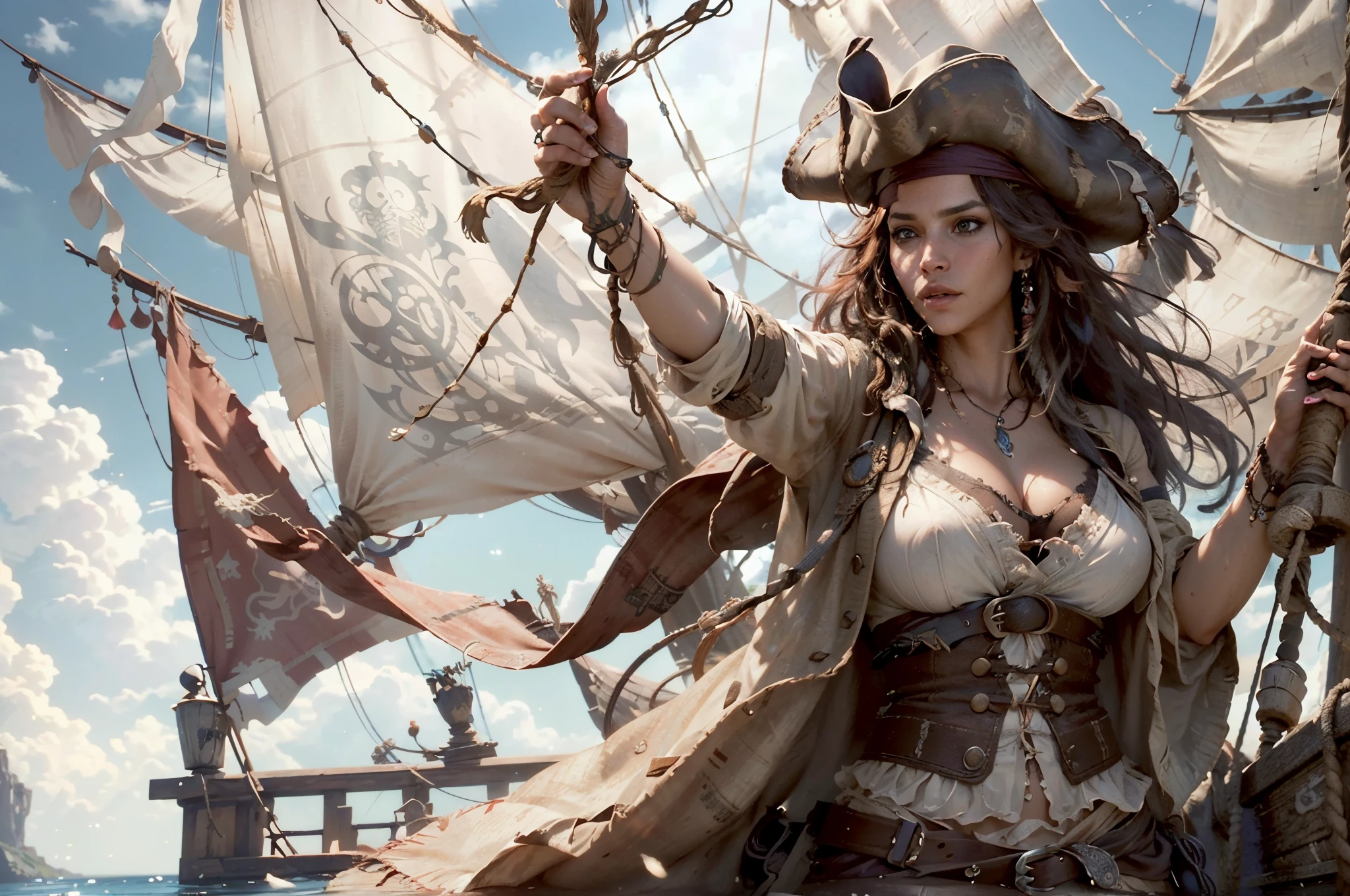 Generate a detailed and creative description of a female version of Jack Sparrow with large breast. Envision her appearance, clothing, and accessories with a unique and captivating twist while maintaining the essence of Jack Sparrow from 'Pirates of the Caribbean.' Emphasize her personality traits and any distinctive features that set her apart, beautifull face, pretty face, masterpiece, best quality:1.2),(8k,highres,RAW photo,realistic,photo-realistic:1.3),(detailed skin texture,detailed cloth texture,beautiful detailed face:1.25),professional lighting,photon mapping,beautiful soft light,radiosity,physically-based rendering,model shoot style, model shoot style, (extremely detailed CG unity 8k wallpaper), full shot body photo of the most beautiful artwork in the world, complex 3d render ultra detailed, looking at viewer, 18 yo, wet hair, real human skin, vibrant details, hyperrealistic, beautiful, octane render, 8k, best quality, masterpiece, an extremely delicate and beautiful, extremely detailed ,CG ,unity ,wallpaper, (realistic, photo-realistic:1.37),Amazing, finely detail, masterpiece,best quality,official art, extremely detailed CG unity 8k wallpaper ,extreme detailed eyes, (perfect face), shiny skin, colorful, highest detailed, vibrant colors, ultra high res, (high contrast), intricate, lens flare,