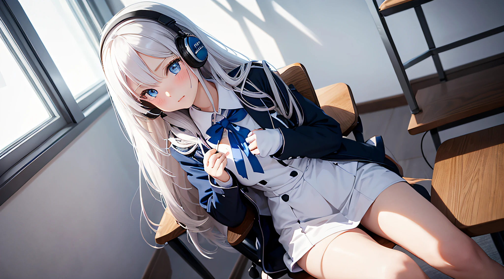 one-girl.in a room with windows.Sit in a chair in front of your desk.Put on your headphones.Write with serious eyes.Be red in the face.Wearing beautiful student uniforms.Long white hair.Blue bright eyes.medium boob
