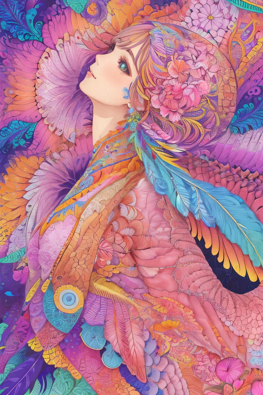 (1girl, solo, from side), extremely detailed, (abstract background, zentangle, fractal art:1.3), (many colors, colorful:1.1), (feathers, petals, flowers:1.3), dynamic pose, earrings