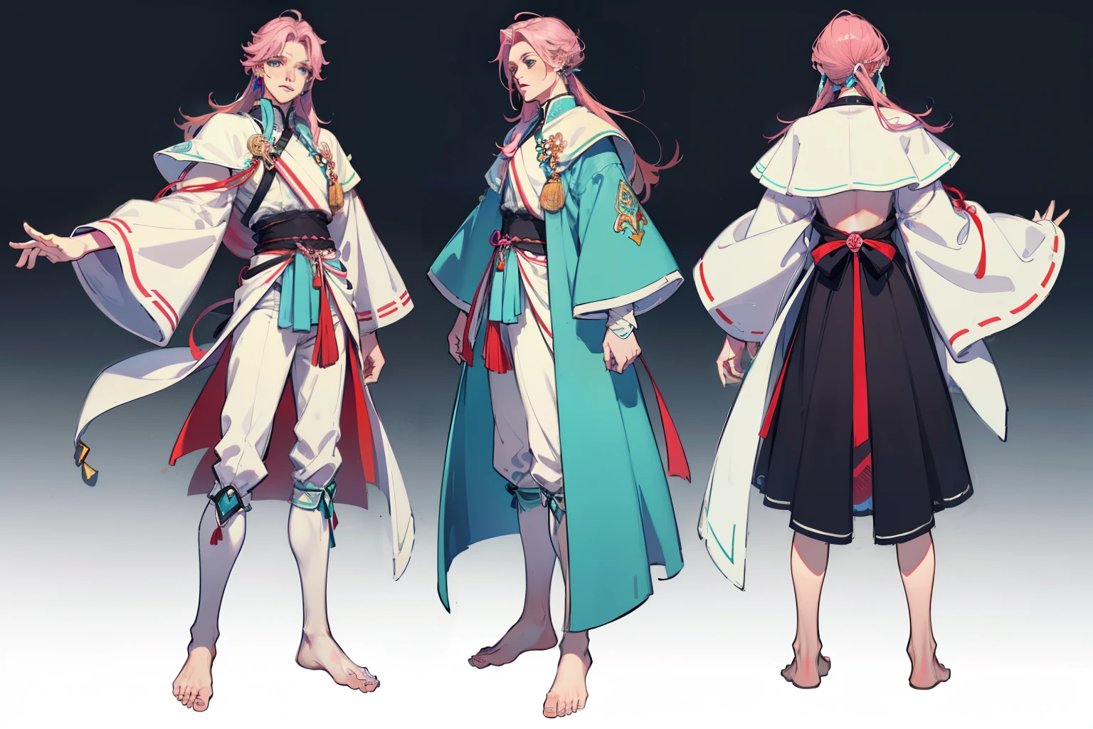 (best images quality,超A high resolution,Best quality at best,ultraclear,Works of masters,is a perfect face,exquisite facial features,)malefocus,multi view,The stands up,full bodyesbian, photorealestic, 1 boy,shoun, A pink-haired,cyan pupils,The barefoot,Unilateral earrings,Abs,long whitr hair,beast ear ((Trilateral view,full bodyesbian,simple backgound,multi view,A high resolution)).character design, Character design,gaming character,with black background