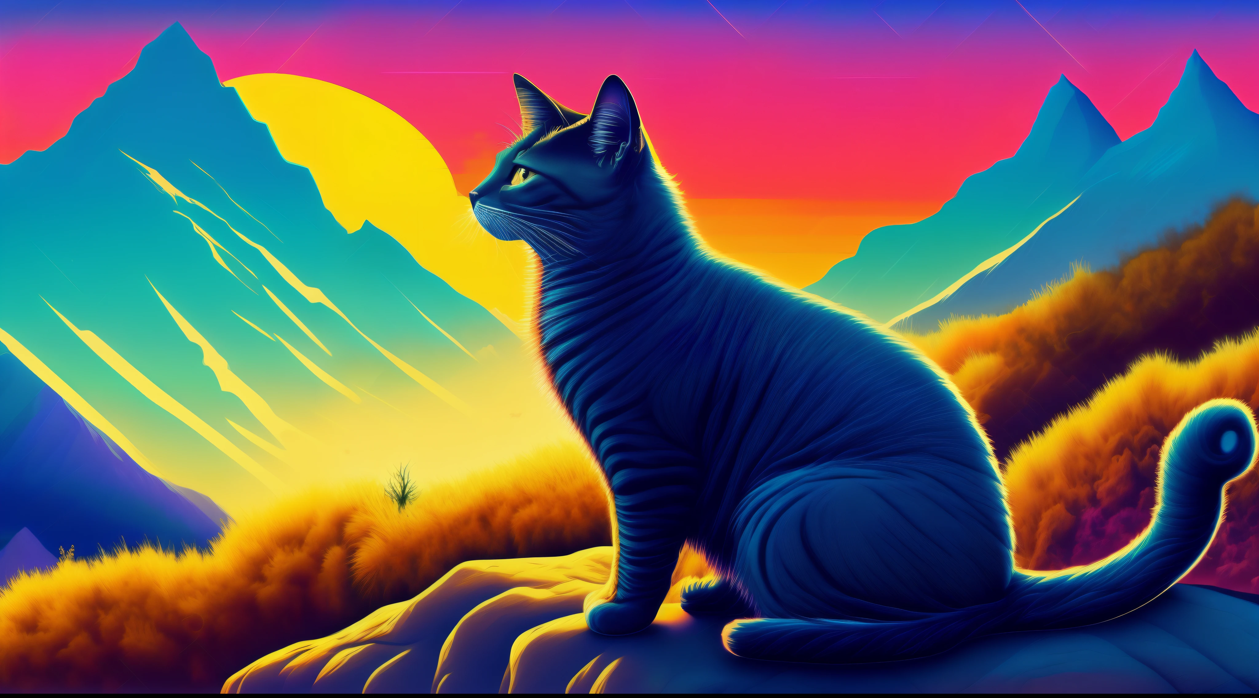 Vector, Inspiring massage, An ideal drawing that is as detailed as possible, Sinthoev, bright colours, Detailed, Cat looking side on mountain, sunshine