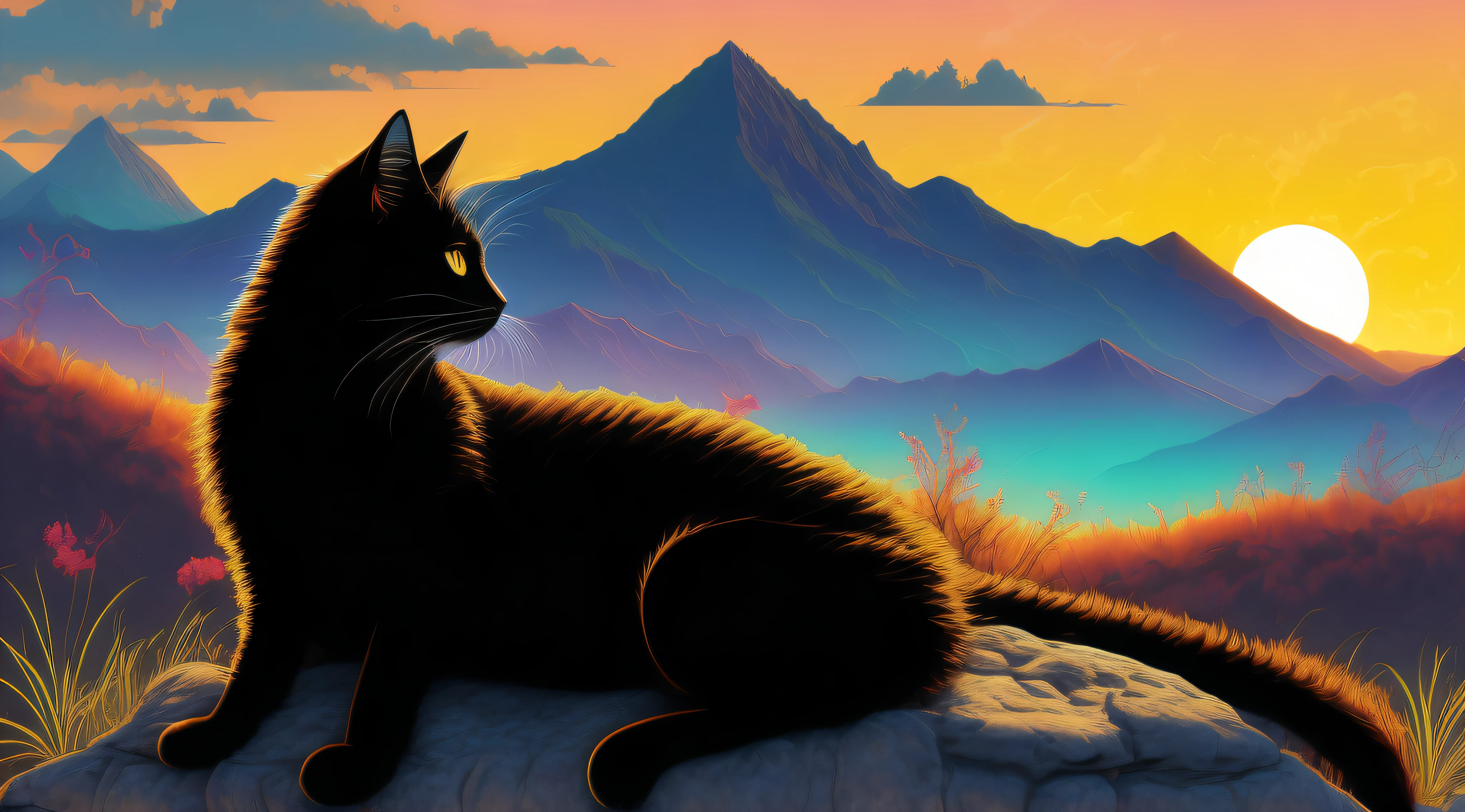 Vector, Inspiring massage, An ideal drawing that is as detailed as possible, Sinthoev, bright colours, Detailed, Black cat looking side on mountain, sunshine