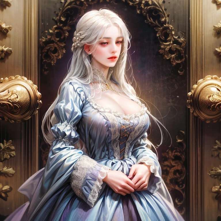 (absurdres, highres, ultra detailed), 1girl, solo, mature, Beautiful face, (long hair, white hair), (purple eyes), big breast, Baroque, Victorian dress, long dress, long sleeve, elegant, colorful, highest detailed