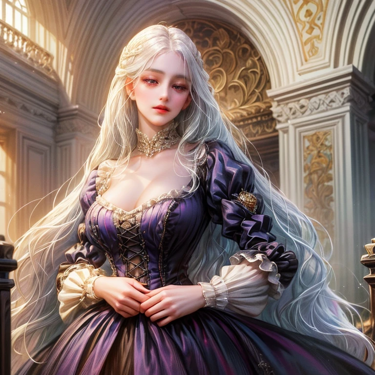 (absurdres, highres, ultra detailed), 1girl, solo, mature, Beautiful face, (long hair, white hair), (purple eyes), big breast, Baroque, Victorian dress, long dress, long sleeve, elegant, colorful, highest detailed