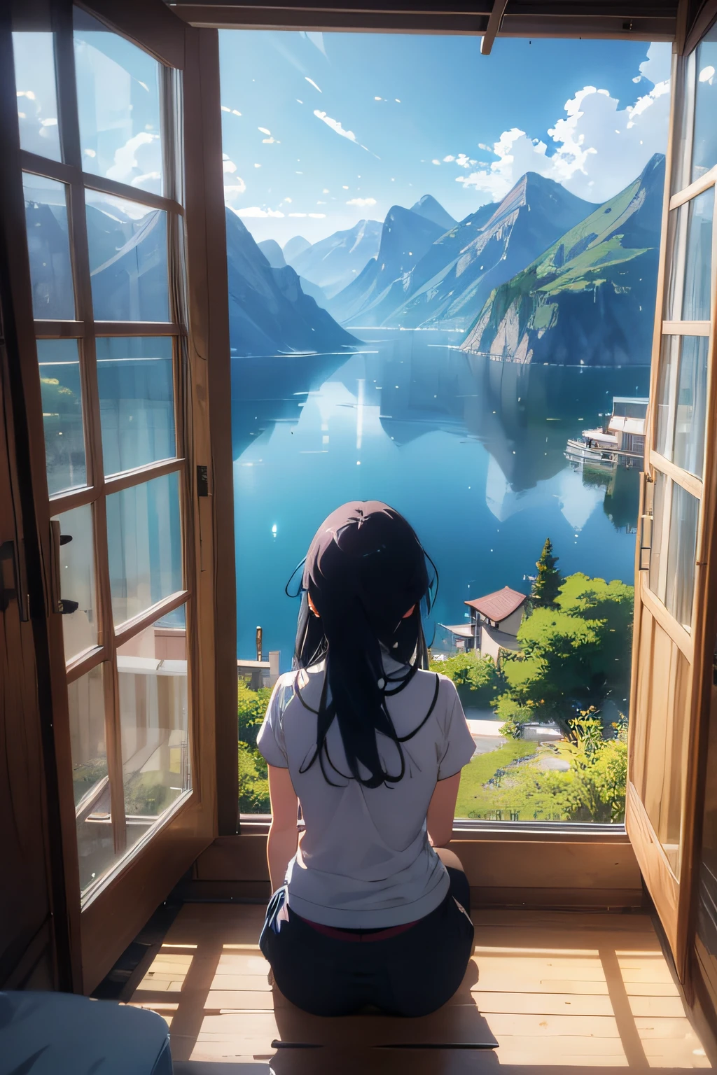 anime painting of a woman from behind sitting on a window sill looking out at a view of a lake, with mountains on the background far away, a light bue clear sky, makoto shinkai style, dream scenery art, scenery artwork, the main subject of the image must be the scenery