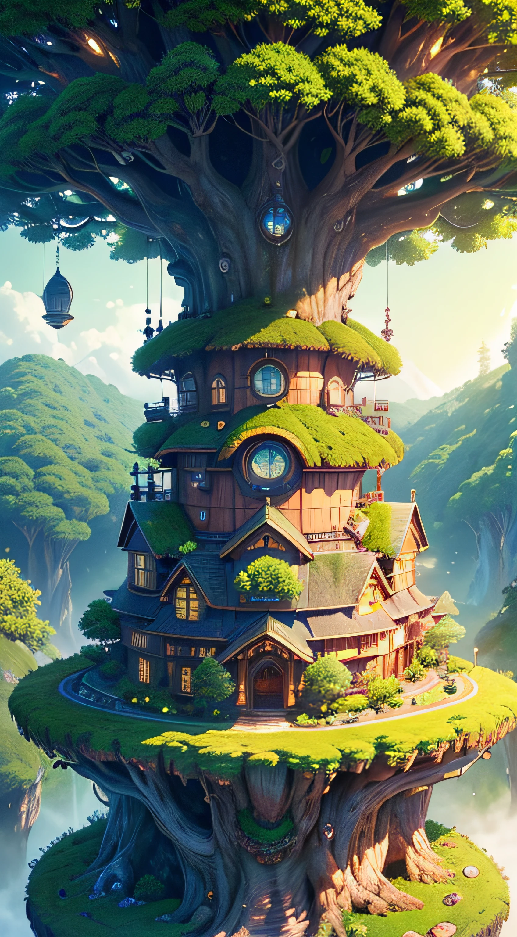 (Best quality, 16k, Masterpiece: 1.2, Ultra-detailed, Realstic) Monde utopique: arbre gigantesque, with the maisons attachées à son tronc. Toit vert (mousse).
(utopiste:nirvana:1.1) ,(joyeux:1.1),serein (des sons:1.1),doux (brise:1.1),oiseaux (Chanson:1.1),(tranquility:calme:1.1),(bonheur:soleil:1.1).