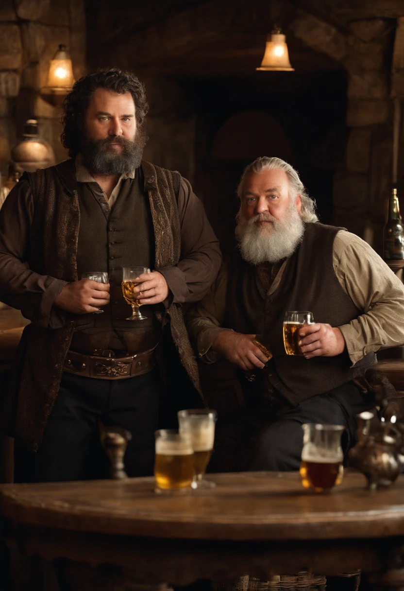 A photo of Robert surrounded by a group of lively and flirtatious tavern patrons, all holding tankards of ale,Game of Thrones TV series,Robert is fat, with thick black hair and beard streaked with grey, commonly wears black with yellow accents. Famously portrayed by Mark Addy, male