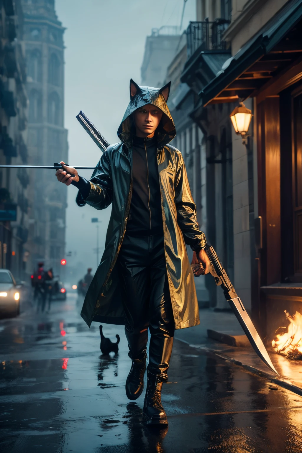 Cat in a raincoat with a weapon, Action, Hyper Realism, 8K