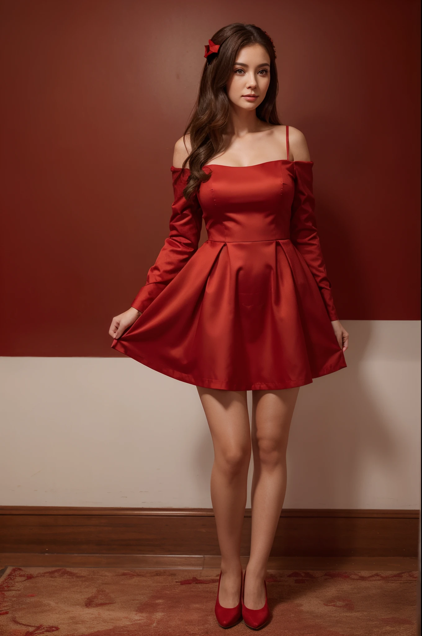 A beautiful woman in a red Christmas dress,Full body photo。Realisticstyle,High quality detailing,4K