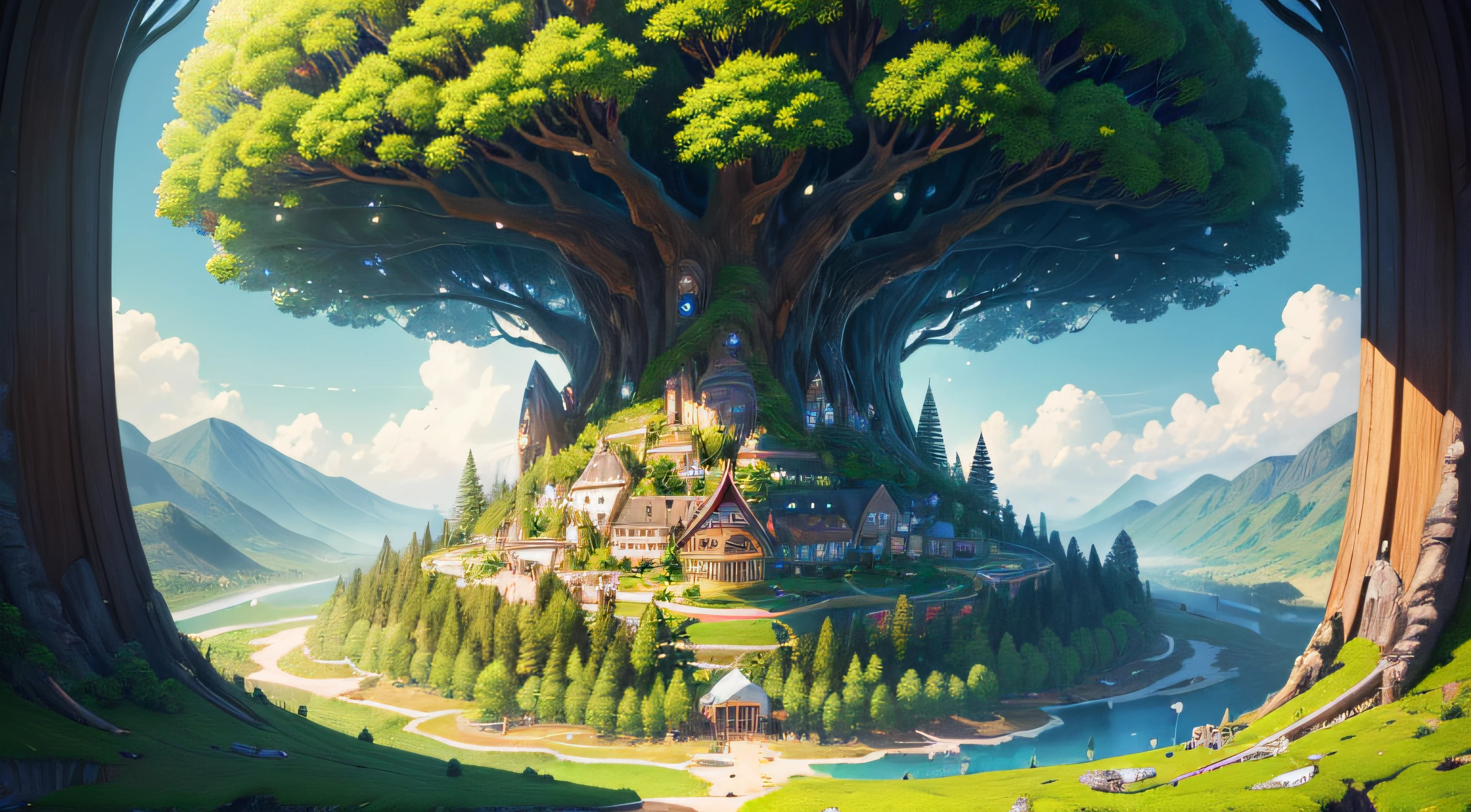 (Best quality, 16k, Masterpiece: 1.2, Ultra-detailed, Realstic) Monde utopique: arbre gigantesque, with the maisons attachées à son tronc. Toit vert (mousse).
(utopiste:nirvana:1.1) ,(joyeux:1.1),serein (des sons:1.1),doux (brise:1.1),oiseaux (Chanson:1.1),(tranquility:calme:1.1),(bonheur:soleil:1.1).