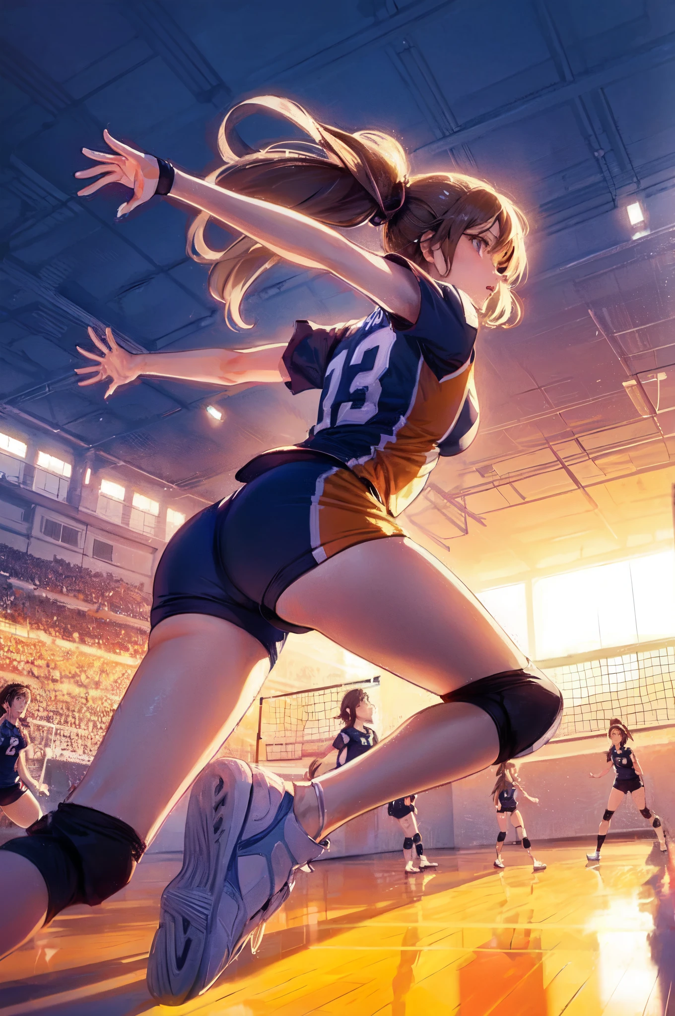 1lady solo, /(volleyball uniform/), dynamic posing, /(light brown hair/) bangs, (determined expression, facing away), (masterpiece best quality:1.2) delicate illustration ultra-detailed, large breasts BREAK /(volleyball court indoors/)