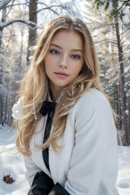 "(best quality,highres),long blond hair with little black bow,blue eyes,vivid colors,sharp focus,beautiful detailed eyes,beautiful detailed lips,fair-skinned,lovely makeup,soft and flowing hair,delicate features,graceful pose,gentle smile,snow, winter, forest scenery,soft sunlight, warm jacket, big black boots"