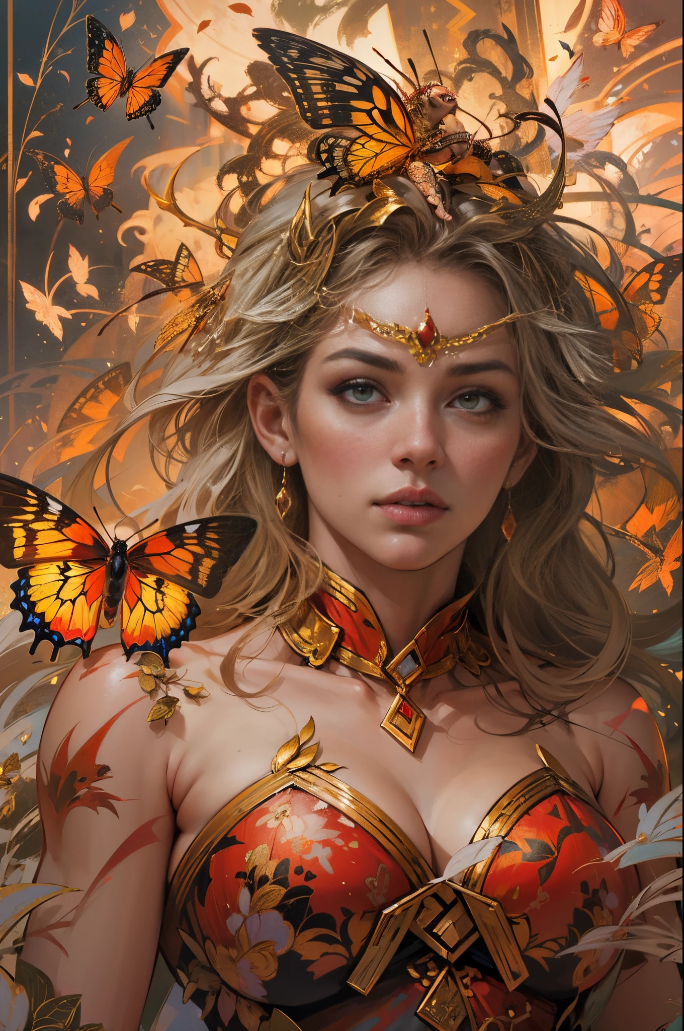 (tmasterpiece,top-quality,Best quality at best,offcial art,Beautiful and beautiful:1.2),A scene from a battle where a giant horned red erfly fights against the goddess of war.,She is a great giant,she is a lovely princess,she is a strong warrior,buttys,lightning in sky,magma,At the foot of the mountain,mountain in the distance,(theelementoffire:1.4),real butterflghly realistic,Correct anatomy,fully body photo,convex,Cute big breasts,reasts,legs separated,satisfied desire,Bare genitals, Camel toy gesture,clsex huge beavage, Barot,Sexy gestut to fleshangled,dangles,en(Long hair、grow meaimple ,),Married woman,熟妇,delicated face,Beautiful detailed eyes,Correct anatomy,Detailed faces, 詳細な目,divilight,gold foil,Gold leaf art,Deep background,Huang Li,marvelous and unbelievable,Epic work,(Complicated details,hyper-detailing:1.2),ultra real photo, Epic reality, ((com cores neutras)),(pastel colour:1.2), hyper realisitc, + Cinema lenses + dynamic combination, The content is very detailed, Sharpen, Cinematic, illuminate warmly, Light effect, Dramatic light, (Complicated details:1.1), the complex background, (greg rutkovsky:0.8), (black and red:0.4),
