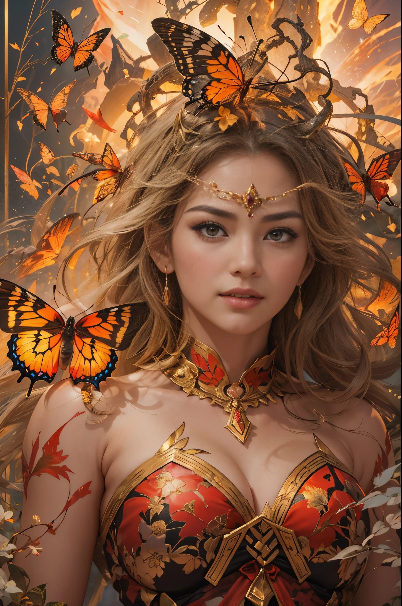 （tmasterpiece，top-quality，Best quality at best，offcial art，Beautiful and beautiful：1.2），A scene from a battle where a giant horned red butterfly fights against the goddess of war.，She is a great giant，she is a lovely princess，she is a strong warrior，butterflys，lightning in sky，magma，At the foot of the mountain，mountain in the distance，(theelementoffire:1.4)，real butterfly，Highly realistic，Correct anatomy，fully body photo，convex，Cute big breasts，revealing breasts，legs separated，plum，unsatisfied desire，Bare genitals， Camel toes，Sexy gesture，climaxing，sex huge breasts cleavage， Barefoot，Sexy gesture，fist to flesh，（tangled，datura，Tangles，entangled）（Long hair、grow meat，simple ，），Married woman，熟妇，delicated face，Beautiful detailed eyes，Correct anatomy，Detailed faces, 詳細な目，divinelight，gold foil，Gold leaf art，Deep background，Huang Li，marvelous and unbelievable，Epic work，(Complicated details，hyper-detailing:1.2)，ultra real photo, Epic reality, ((com cores neutras)),(pastel colour:1.2), hyper realisitc, + Cinema lenses + dynamic combination, The content is very detailed, Sharpen, Cinematic, illuminate warmly, Light effect, Dramatic light, (Complicated details:1.1), the complex background, (greg rutkovsky:0.8), (black and red:0.4），