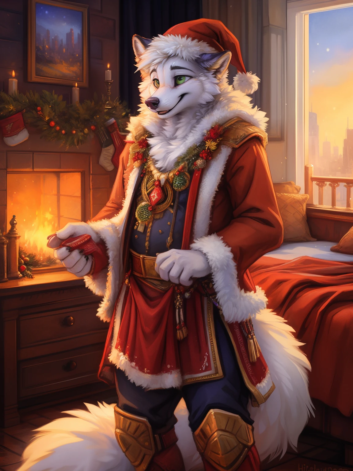 (by hioshiru and kenket and dimwitdog, michael amp inessa garmash, ruan jia, pino daeni, chunie), arctic fox, anthro, very chubby, big butt, big thighs ,green eyes, hair, fluffy tail , male , city background ,bedroom ,black royal clothes , king, standing, smiling, ring on finger, solo, chirstmas, Christmas hat