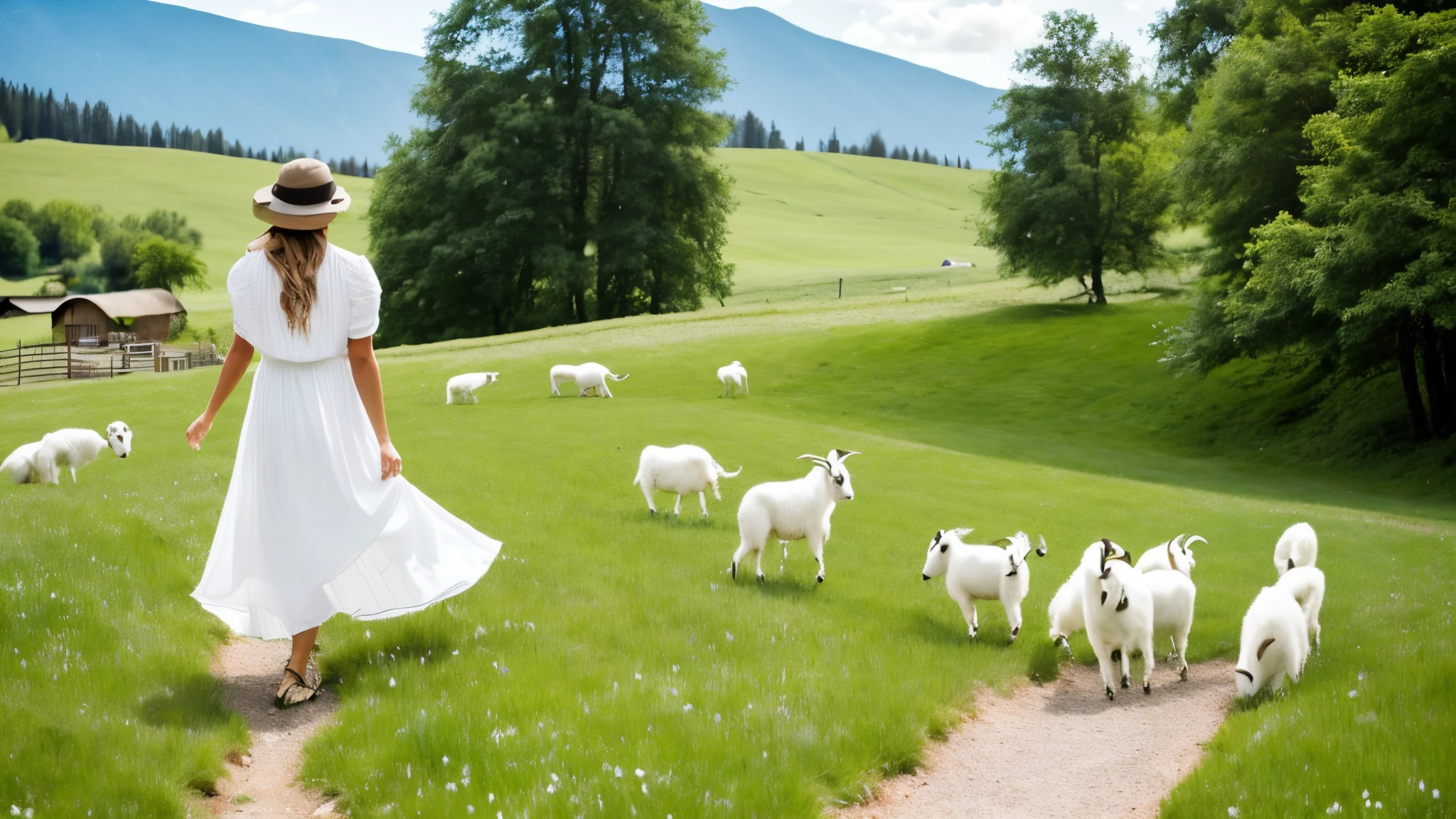 A woman wearing a white dress herding white goats
 There's a cottage in the vicinity. Grass. Hills. Creek.