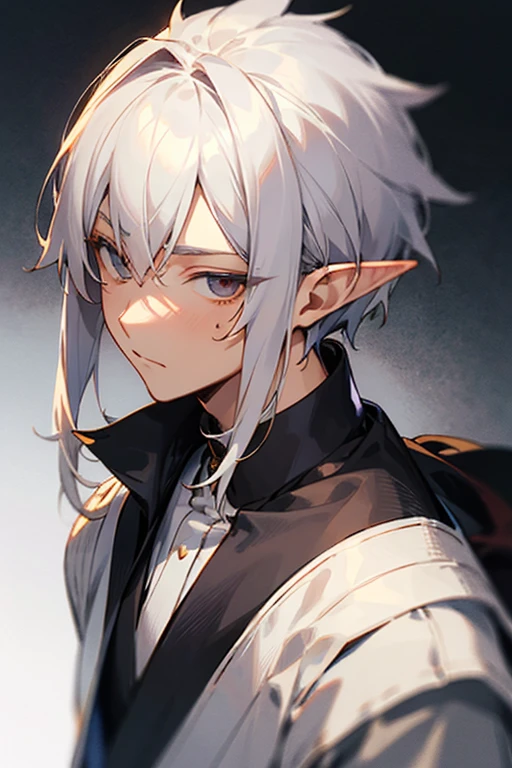 ayanokouji kiyotaka,caramel skin,silver hair,male elf,long ears,apathetic face