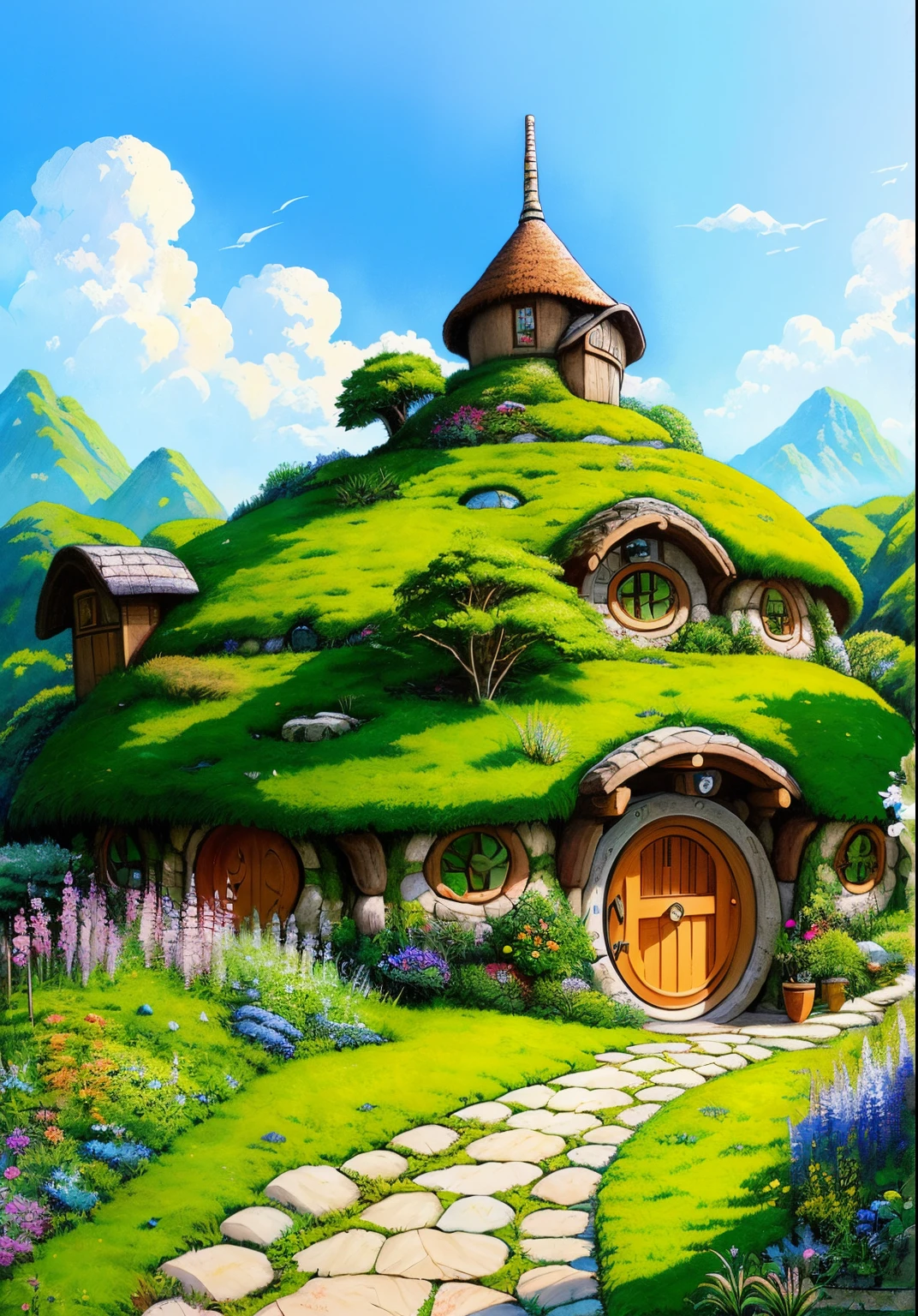 Real and realistic world, beautiful hobbit house on the hill, Laurie Griesley style, Studio Ghibli, Akira Toriyama, James Girard, Genshin Impact, trending pixiv fan box, acrylic palette knife, 4K, vibrant colors, Devinart, Trending on Art Station