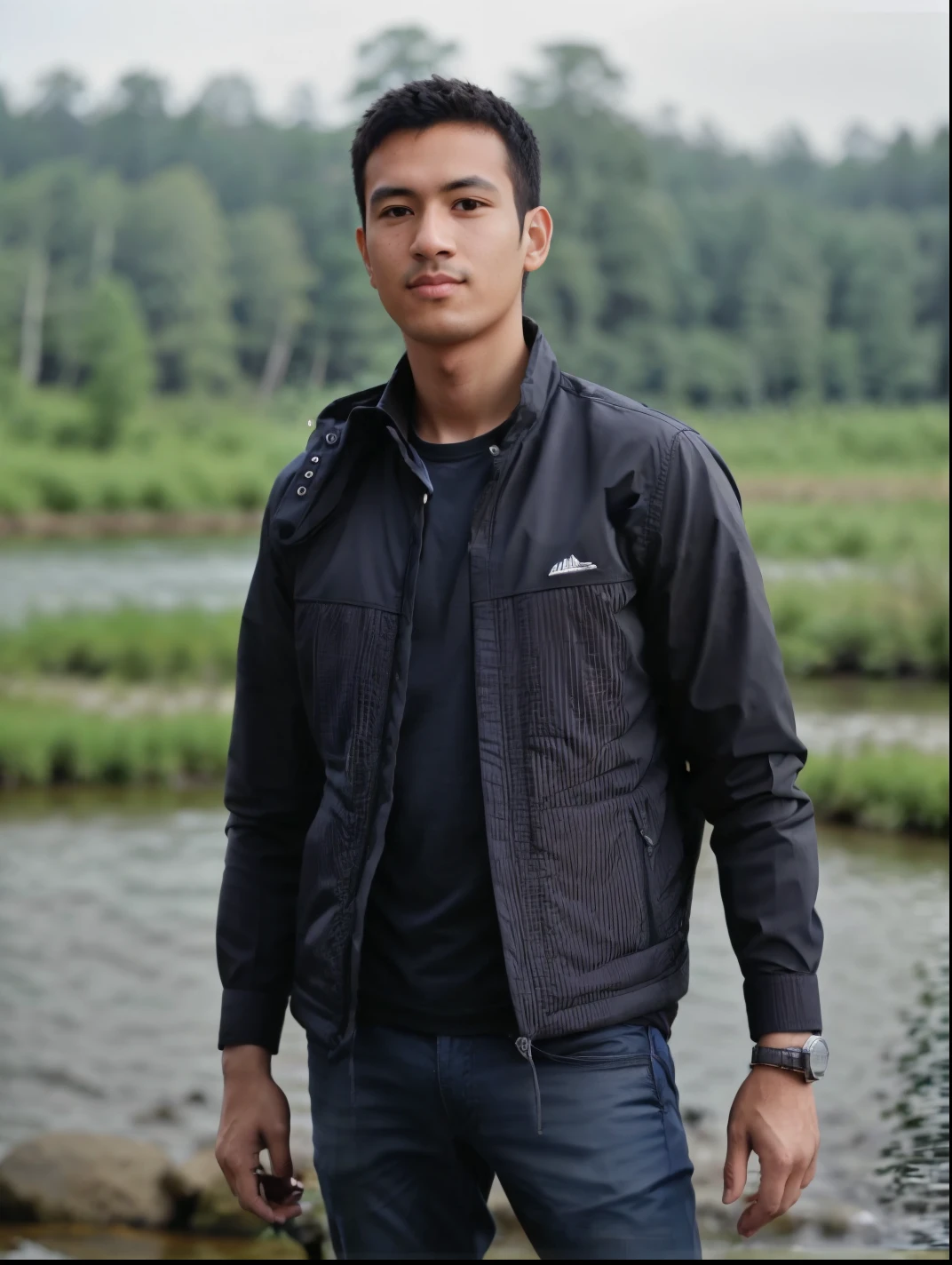 highest quality,masterpiece,Ultra-high resolution,(Reality:1.4),Original photo,Cinema Lighting,a 24 year old Indonesian man, height 168 cm, weight 60, wearing a mountain jacket wearing black cargo pants, wearing mountain shoes is sitting on at a waterfall on the mountain