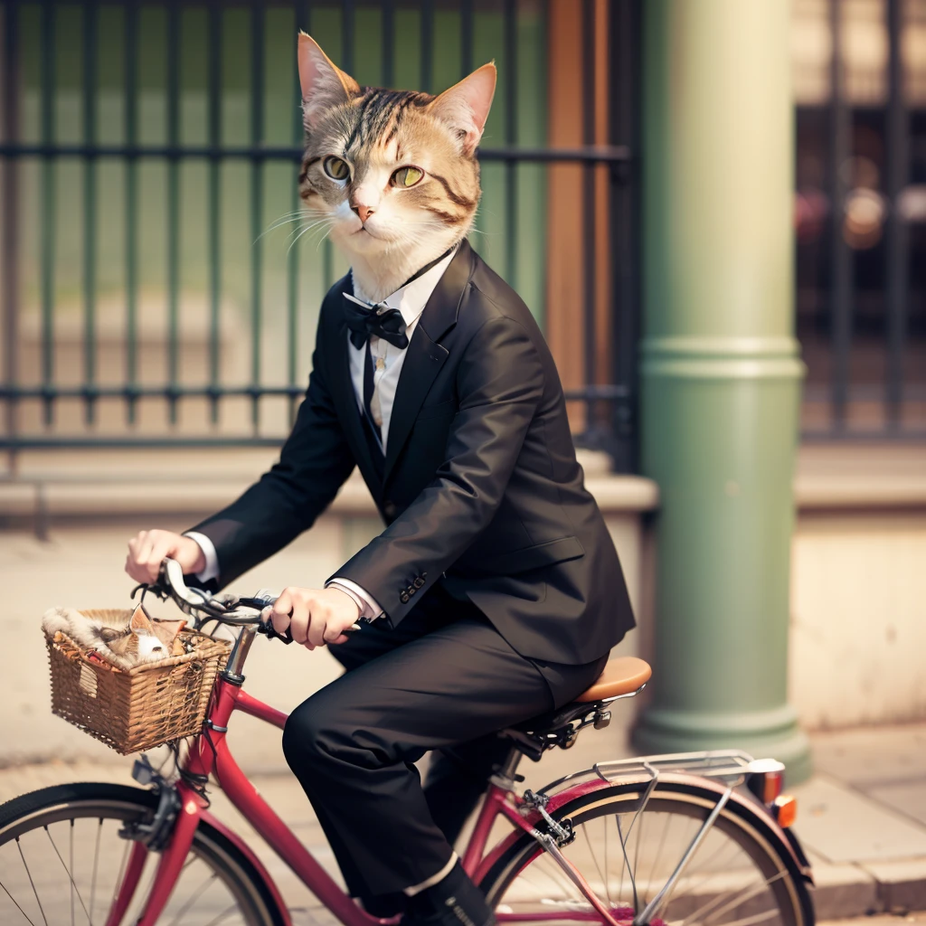 cat rides a bike , formal clothes --auto --s2