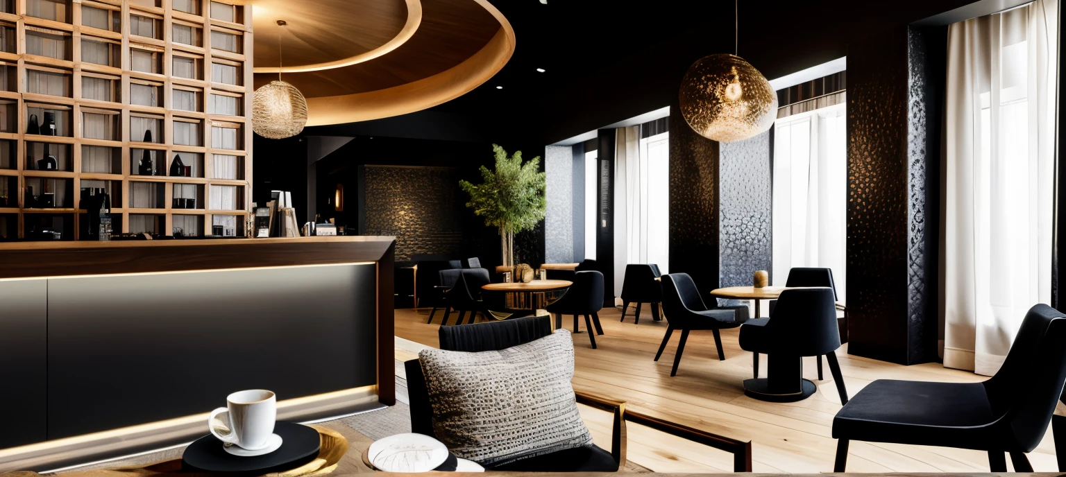 there is luxury Coffee shop with a staircase, comfy ambience, gold color design, cafe interior, in a coffee shop, pleasant cozy atmosphere, coffee shop, cosy atmosphere, 3d realistic image, beautiful indoor lighting setting, luxurious style decorate, flowers on table, wines in the shefl, books
