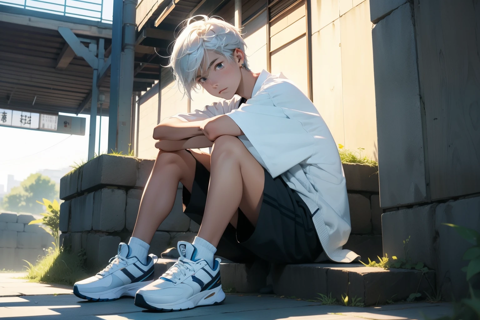 Best quality, tmasterpiece, 超高分辨率, detailedbackground, フォトリアリスティック, illuminations, Single, 1 boy, shota, athletic sneakers, Volumetriclighting, depth of fields, Ultra shorts, white color hair, cyan pupils,single earring, The character is on the right, mid - length hair,During the day, sitting on the stone