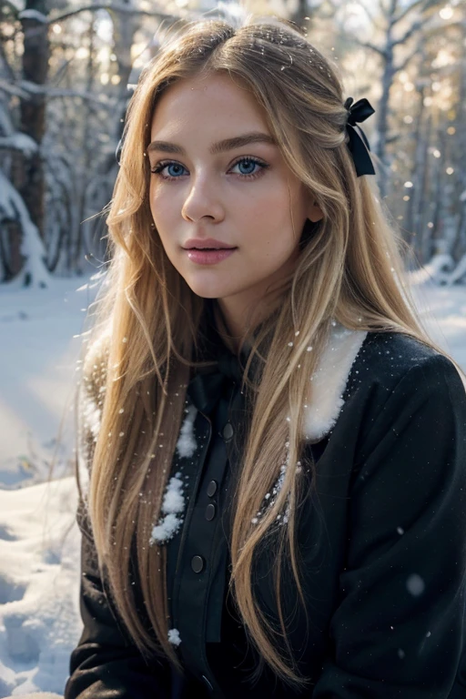 "(best quality,highres),long blond hair with little black bow,blue eyes,vivid colors,sharp focus,beautiful detailed eyes,beautiful detailed lips,fair-skinned,lovely makeup,soft and flowing hair,delicate features,graceful pose,gentle smile,snow, winter, forest scenery,soft sunlight, warm jacket, big black boots, from the distance"