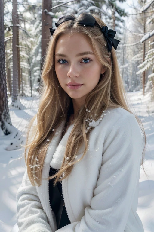 "(best quality,highres),long blond hair with little black bow,blue eyes,vivid colors,sharp focus,beautiful detailed eyes,beautiful detailed lips,fair-skinned,lovely makeup,soft and flowing hair,delicate features,graceful pose,gentle smile,snow, winter, forest scenery,soft sunlight, warm jacket, big black boots, from the distance"