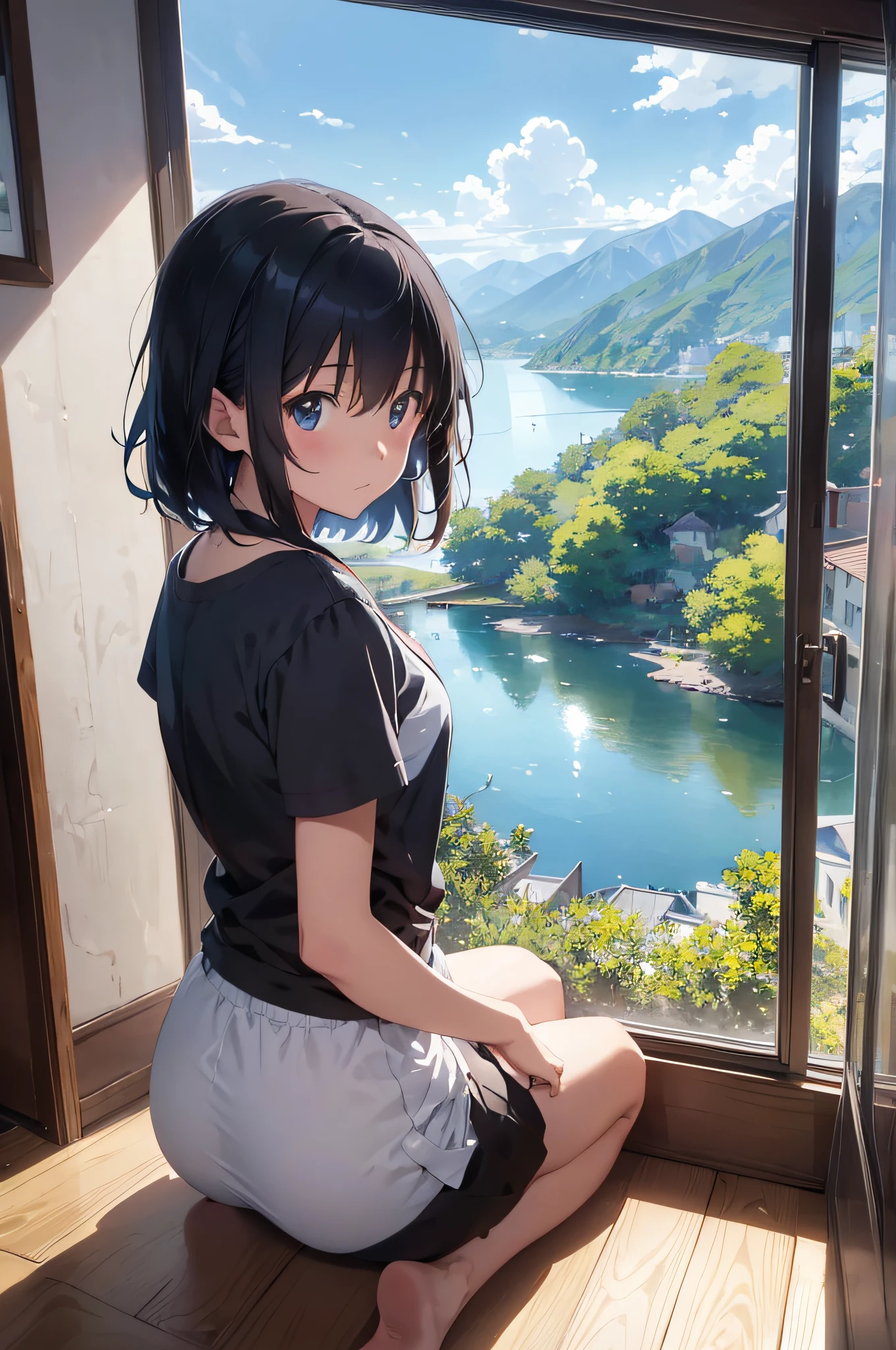 anime painting of a woman from behind sitting on the floor window sill looking out at a view of a lake, with mountains on the background, a light bue clear sky, makoto shinkai style, dream scenery art, some flowers near the girl, the main subject of the image must be the scenery