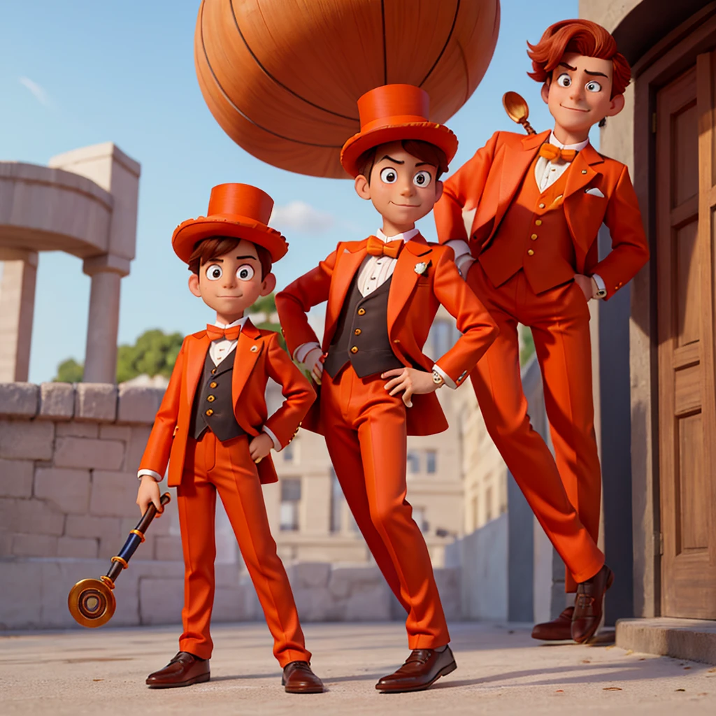 8k cartoon style, full-length portrait, 9-year-old boy MATEO, wearing an all-orange suit, with a top hat, gloves, a pipe, a watch, with a monocle, a cane in the shape of a question mark, with hair reddish brown color, brown eyes, intelligent and mischievous
