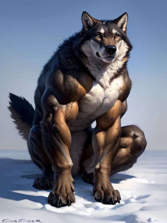 muscular feral wolf posing for the camera, 4k, high resolution, best quality, perfect colors, perfect shadows, perfect lighting, posted on e621, furry body, (feral, feral body, feral wolf, quadruped wolf, forelegs:1.20), wolf, solo, male, adult, masculine, (very muscular feral, buff feral, biceps, triceps, heavyweight, thick build, defined muscles:1.2), (anthro pecs, large pecs, strong chest:1.3), correct anatomy, (photorealistic fur, detailed fur, epic, masterpiece:1.2), (white background, snow:1.1), sexy shadows, (by Taran Fiddler), (by echin:0.5), (detailed eyes:1.2), impressive physique, serious eyes, strong chest, (shiny muscles:1.1), short fur, veins, tight muscles, majestic, (sitting down, front view, facing the camera:1.3)