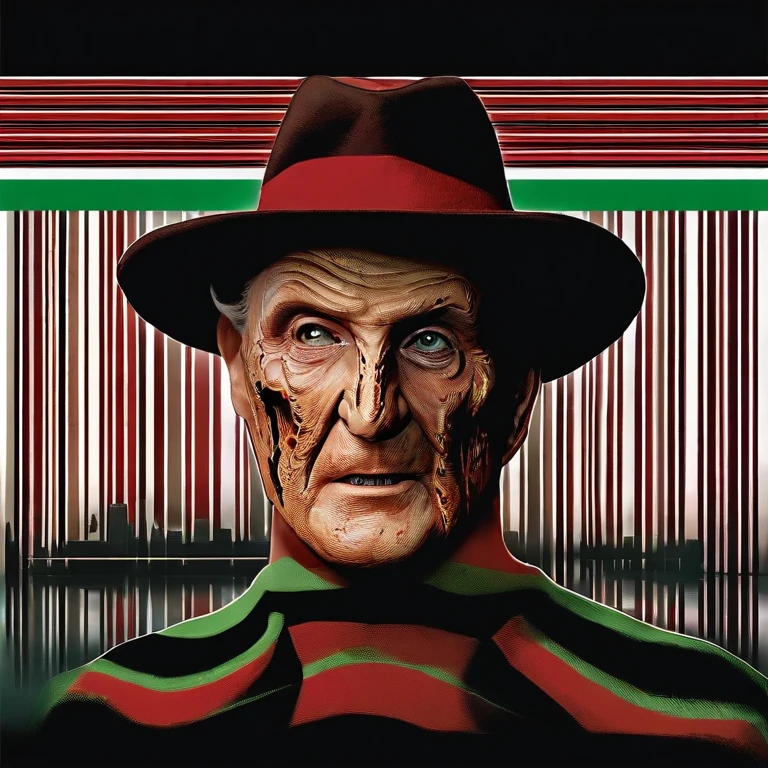 Freddy Krueger is a fictional character known for his grotesque appearance and terrifying persona. He typically appears with severely burned skin across his face and body, giving him a frightening, scarred appearance. His most iconic feature is a custom-made glove with razor-sharp blades attached to the fingers, which he uses to terrorize his victims in their dreams. Freddy wears a distinctive striped red and green sweater, a dark fedora hat, and dark pants.,A Nightmare on Elm Street (1984),Freddy Krueger is a fictional character known for his grotesque appearance and terrifying persona. He typically appears with severely burned skin across his face and body, giving him a frightening, scarred appearance. His most iconic feature is a custom-made glove with razor-sharp blades attached to the fingers, which he uses to terrorize his victims in their dreams. Freddy wears a distinctive striped red and green sweater, a dark fedora hat, and dark pants., male,face,photo