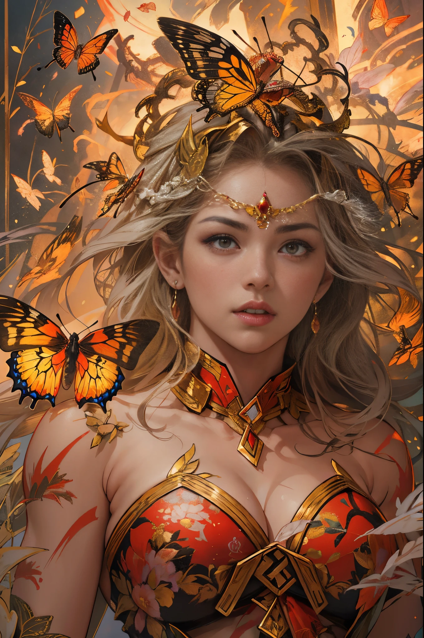 (tmasterpiece,top-quality,Best quality at best,offcial art,Beautiful and beautiful:1.2),A scene from a battle where a giant horned red erfly fights against the goddess of war.,She is a great giant,she is a lovely princess,she is a strong warrior,buttys,lightning in sky,magma,At the foot of the mountain,mountain in the distance,(theelementoffire:1.4),real butterflghly realistic,Correct anatomy,fully body photo,convex,Cute big breasts,reasts,legs separated,satisfied desire,Bare genitals, Camel toy gesture,clsex huge beavage, Barot,Sexy gestut to fleshangled,dangles,en(Long hair、grow meaimple ,),Married woman,熟妇,delicated face,Beautiful detailed eyes,Correct anatomy,Detailed faces, 詳細な目,divilight,gold foil,Gold leaf art,Deep background,Huang Li,marvelous and unbelievable,Epic work,(Complicated details,hyper-detailing:1.2),ultra real photo, Epic reality, ((com cores neutras)),(pastel colour:1.2), hyper realisitc, + Cinema lenses + dynamic combination, The content is very detailed, Sharpen, Cinematic, illuminate warmly, Light effect, Dramatic light, (Complicated details:1.1), the complex background, (greg rutkovsky:0.8), (black and red:0.4),
