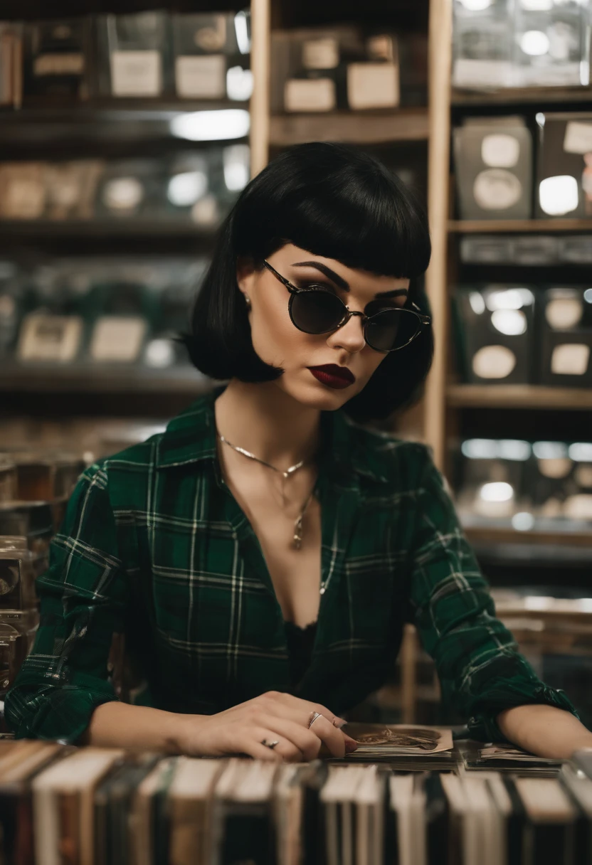 A photo of Vivian sitting at a vintage record store, browsing through a collection of vinyl with a smirk on her face.,original,Vivian is short, extremely pale, with an hourglass figure, very small breasts, black hair in a pixie cut, brown eyes, winged eyeliner, circle frame glasses, goth aesthetic, wears black and emerald green, wears a dark green and black plaid flannel, wears lots of silver rings, wears chokers and silver necklaces, female