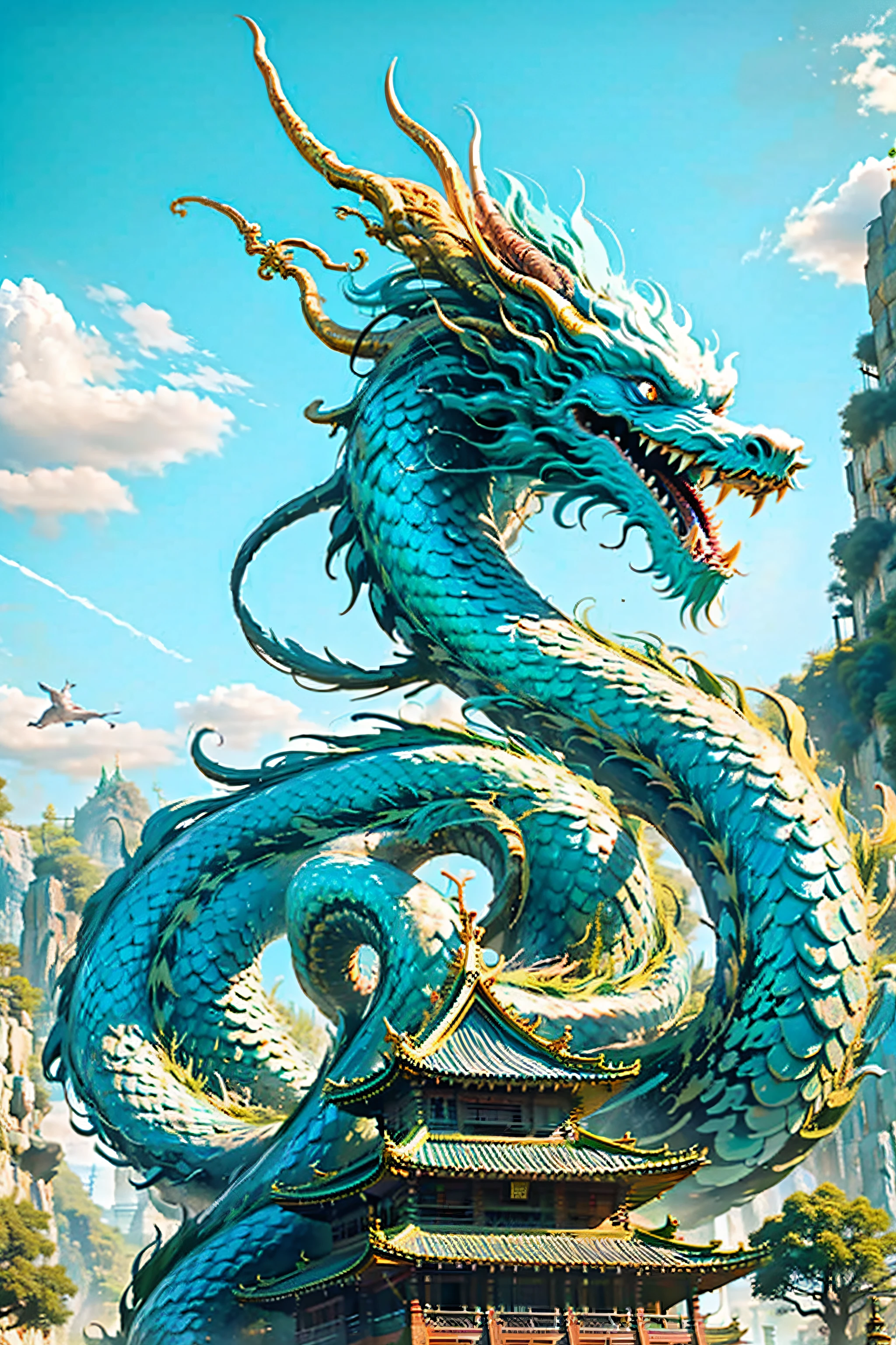 Best quality,masterpiece,ultra high res,nu no humans, (long:1.2),eastern dragon, east asian architecture, sky, architecture, outdoors, cloud, day, mountain, open mouth, blue sky, teeth, scales, sharp teeth, horns, glowing, fangs, tree, glowing eyes, pagoda, scenery