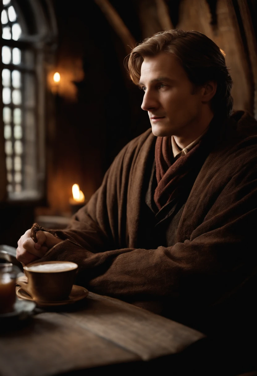 A photo of Remus sitting in a cozy corner of the Three Broomsticks, savoring a warm butterbeer and engrossed in a book on magical creatures.,Harry Potter and the Prisoner of Azkaban,Remus has light brown hair, wears shabby robes, and has a claw scar across his face. Famously portrayed by David Thewlis, male