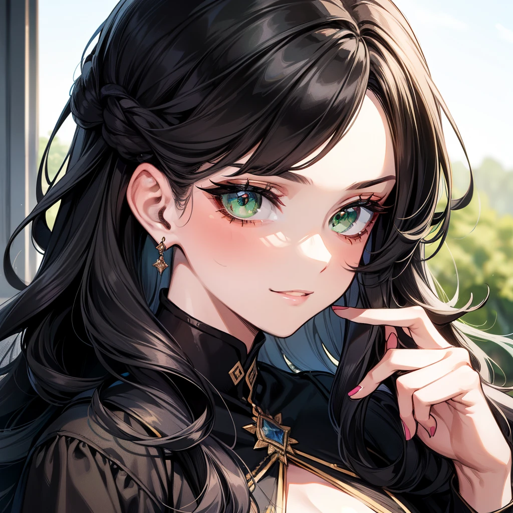 A pretty lady with hair wavy medium black hair and green eyes, giving a rich, toublemaker and bad girl vibe, looking at you with a smugly, school, modern era, close up.