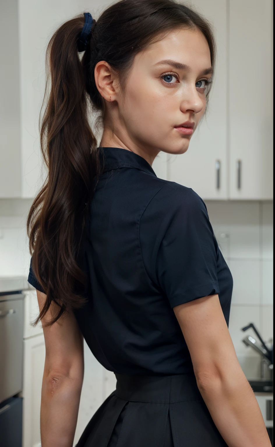 A girl, Adult, in full height, Dark brown hair, hairlong, high ponytail at the back of the head, round face, dark blue eyes, dark blue shirt, Navy blue skirt, black apron.
