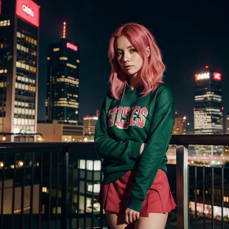 Girl 25 years old, Pink hair, realistic, posing, with red sweatshirt, green skirt, night city background