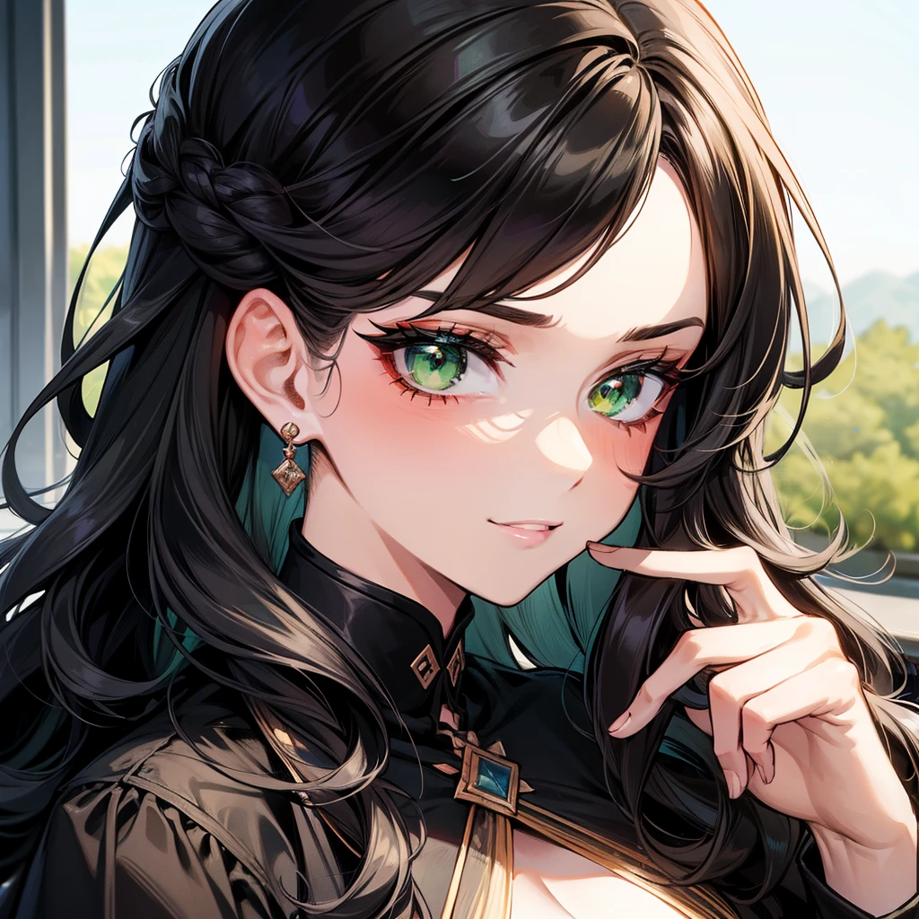 A pretty lady with hair wavy medium black hair and green eyes, giving a rich, toublemaker and bad girl vibe, looking at you with a smugly, school, modern era, close up.