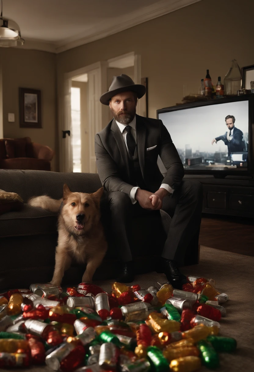 A photo of Harvey lying on the couch with a TV remote in hand, surrounded by empty soda cans and a bag of gummy bears, with a disinterested look on his face.,Gotham,Harvey is an older male, with ginger and grey shaggy hair and beard, wears a suit and tie and fedora, famously portrayed by Donal Logue, male