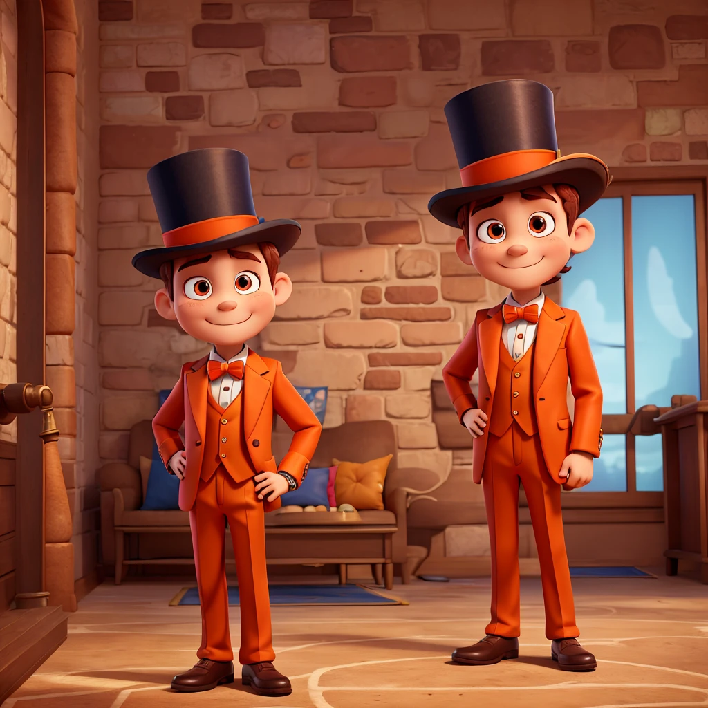 8k cartoon style, full-length portrait, 9-year-old boy MATEO, wearing an all-orange suit, with a top hat, gloves, a pipe, a watch, with a monocle, a cane in the shape of a question mark, with hair reddish brown color, brown eyes, intelligent and mischievous