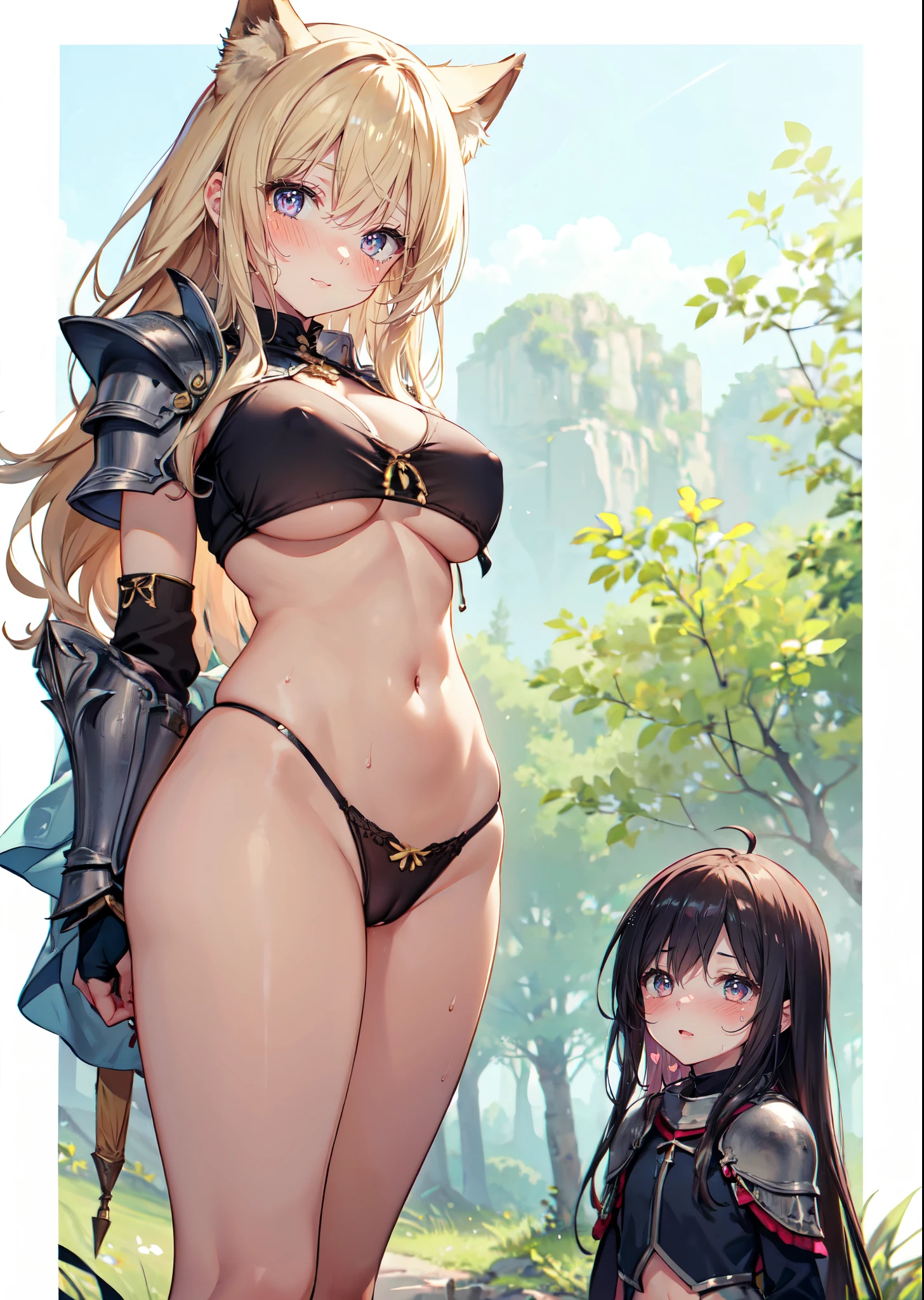 fantasy forest, (fantasy:1.2), (forest background: 1.3), (yuri:1.5), looking at another, (2girls:1.7), (giantess:1.2), (height_difference:1.5), (size_difference:1.3), (giantess:1.1), forest background, nature environment, she is much taller than her, a giantess next to a girl, a giantess looking down at a girl, a giantess, (tall woman:1.4), (adult woman: 1.2), ?????????????, navel, panties, happy, (rear_end:1.2), (very tall: 1.1), armor, gambeson, shoulderplates, from below, girl next to a giantess, woman, tiny ???????, armor, gambeson, shoulderplates, ?????, long hair, embarrassed, scared, poor clothing, dirty clothing, (long_hair:1.3), ???????????, ????????, ???????????, , ???????, sweaty, village background, ?????????, underboob,