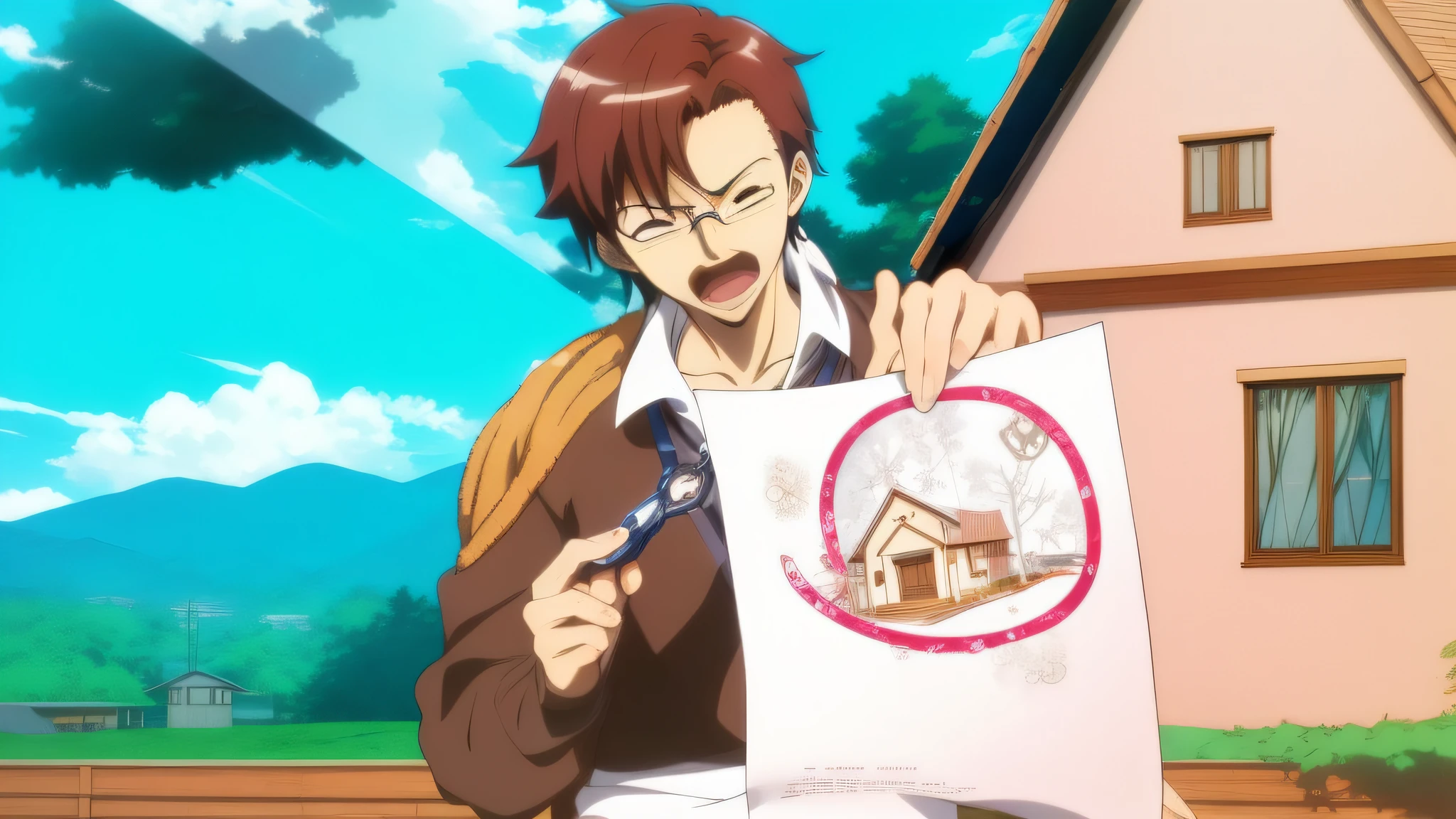 um homem segurando um papel com uma casa dentro, Makoto Shinkai, Kazuma Kaneko, imagem de anime sankakucomplex, Makoto Shinka, Ike Nobutaka, ( ( ( Yoh Yoshinari ) ) ), inspired by Ryūsei Kishida, Arte Oficial, ( ( ( anime ) ) ), visual chave
